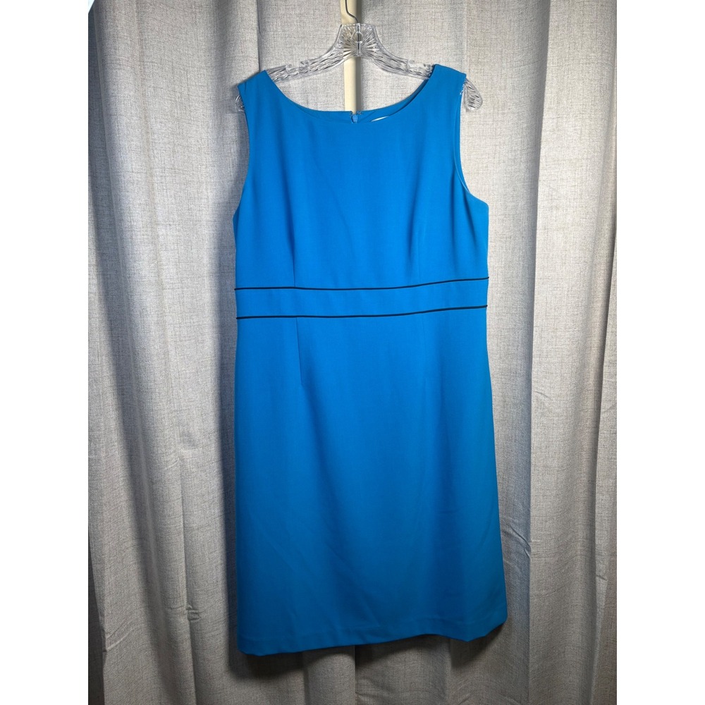 Kasper Blue Sleeveless Sheath Dress with Black Waist Accent Size 14
